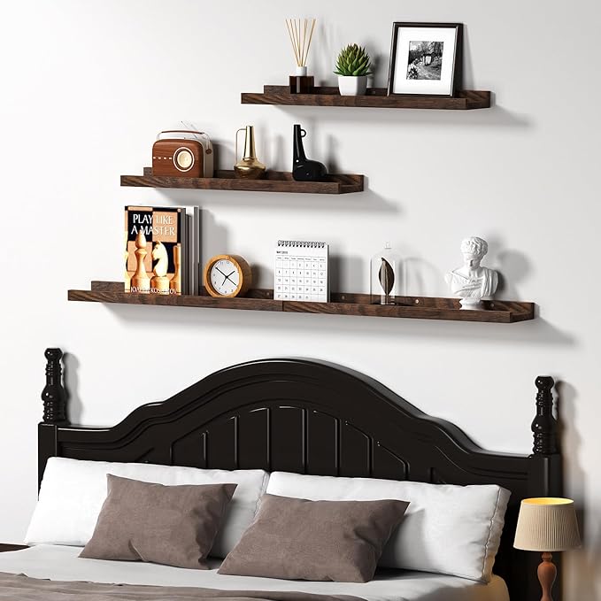 Floating Shelves for Wall, Solid Pine Wood Floating Shelf with Lip for Bedroom, Living Room, Kitchen, 16 Inch Wall Mounted Storage Shelves for Room Decor Organizers Set of 4 (Walnut, 4Pack 16inch)