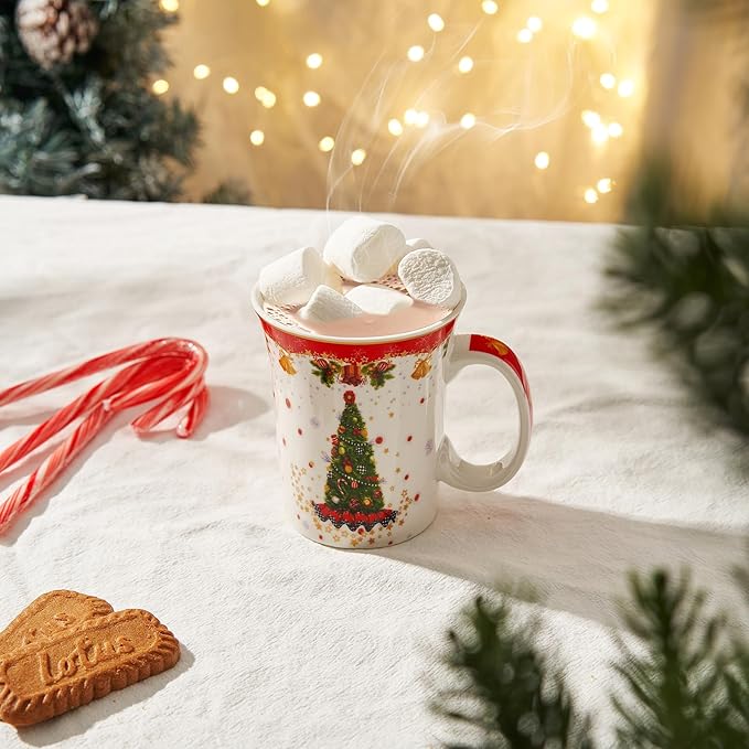 Winter Tree & Stars Festive Mug - Ceramic Microwave & Dishwasher Safe - 10.5oz Winter Mugs for Coffee, Hot Chocolate, Eggnog - Merry Winter - Elf & Santa Design - Red & Green Great Gift!