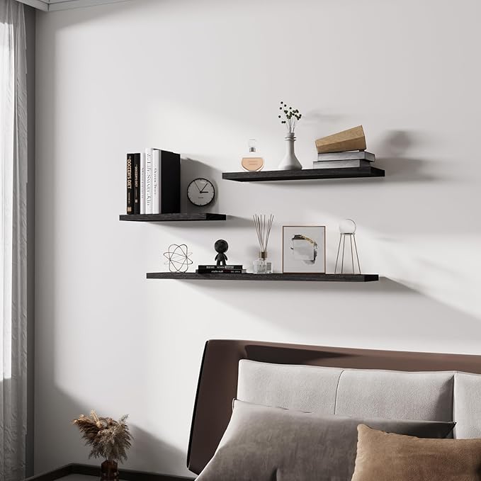 Floating Shelves 24 Inch Wall Shelf Solid Wood Mounted Storage for Bedroom Living Room Set of 3, Black Wall Shelves