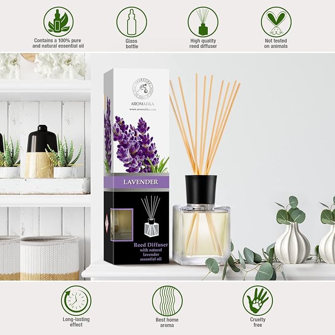 Reed Diffuser with Natural Essential Oil Lavender 6.8 Fl Oz - Scented Reed Diffuser - Gift Set with Bamboo Sticks - Best for Aromatherapy - SPA - Home - Office - Fitness Club