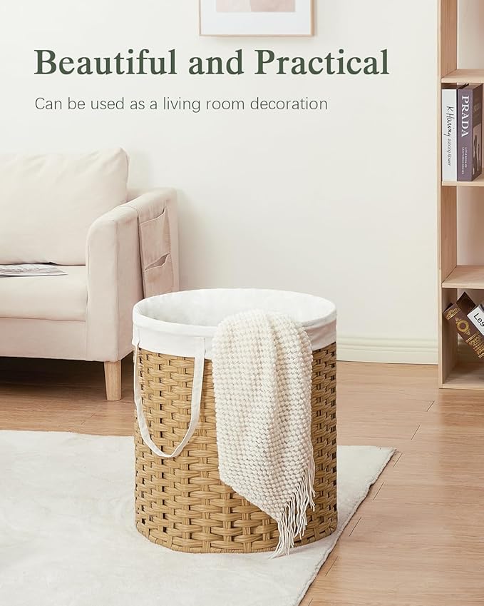 Laundry Hamper Round 26.5 Gal (100L) Handwoven Rattan Laundry Basket, Large Wicker Laundry Hamper with Removable Laundry Bag Handles 2 Mesh Bags for Bathroom Living Room Natural