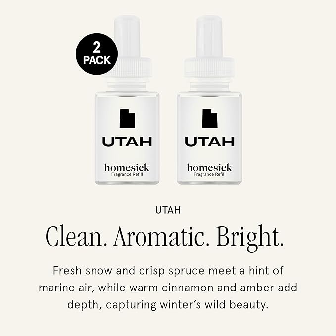 Pura & Homesick Home Scent Refill - Smart Clean Air Diffuser Fragrance - Up to 120-Hours of Luxury Fragrance per Refill - Household Essential - 2 Pack, Utah