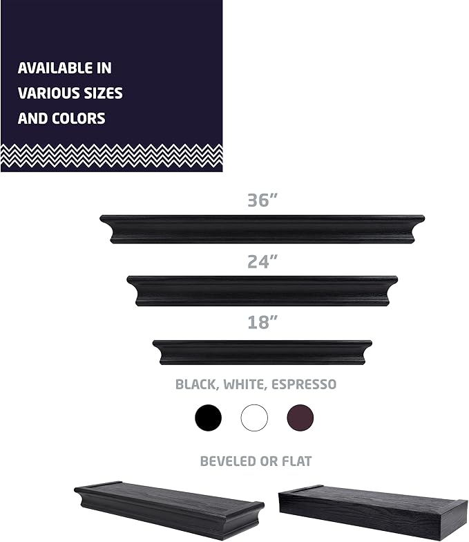 HIGH & MIGHTY 515655 Decorative 18" Floating Shelf Holds up to 15lbs, Easy Tool-Free Dry Wall Installation, Beveled, eCommerce Packaging, Black