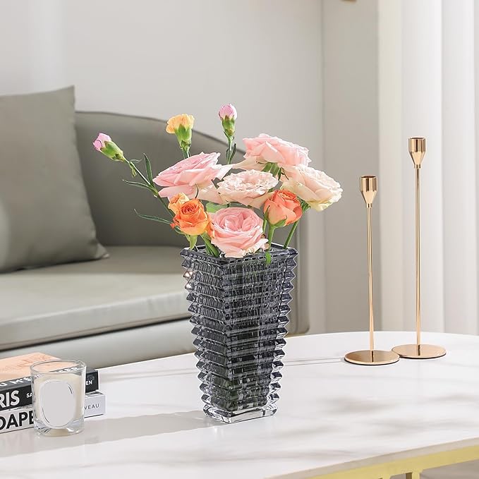 MCMCNCUIU Crystal Vase, Large Crystal Vases for Flowers, Large Flower Vase, Modern Black Vases for Living Room, Bedroom, Kitchen, Dining Table, Mantle, Wedding, 9 Inches