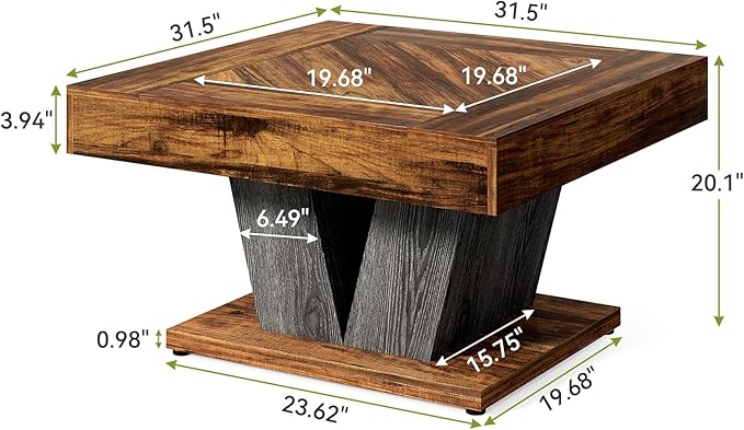 LITTLE TREE Square Coffee Table, Modern Rustic Coffee Table for Living Room, Wooden Table with Adjustable Feet, Brown