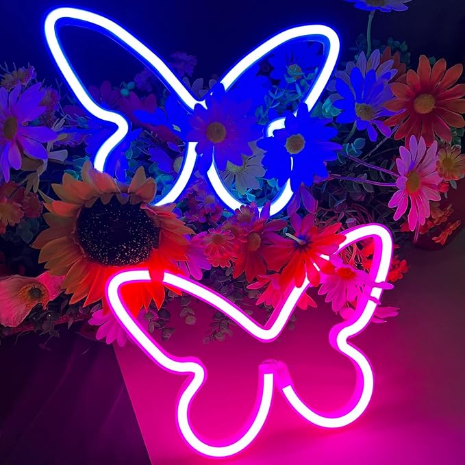 2 Butterfly Neon Signs, LED Night Lights for Bedroom & Kids Room Decor, USB/Battery Powered for Wedding, Birthday Parties & Art Decorations