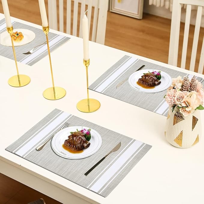 DACHUI Placemats Set of 8, Soft & Elegant Woven Vinyl Place Mats, Water Resistant, Heat Resistant, Washable, Durable Table Mats (White Stripes)
