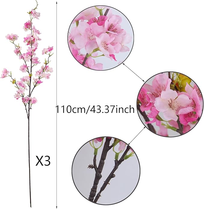 CISDUEO 3 Pcs Artificial Cherry Blossom Flower Silk Peach Flowers Bulk Plum Blossom Flowers with Leaves Cherry Blossom Branches Vase Arrangements for Spring Wedding Indoor Outdoor DIY Party Decor Pink