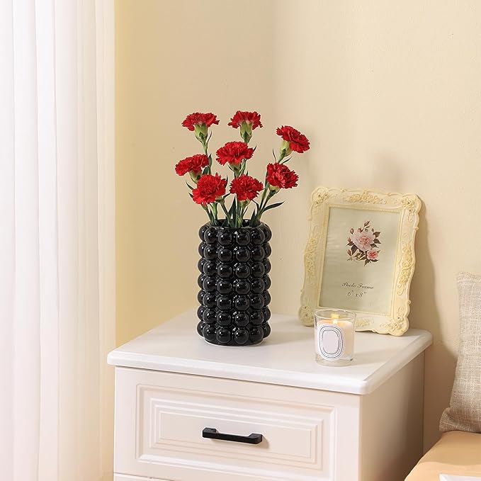 Black Bubble Vase, Ceramic Vase, Flower Vase, Boho Vase, Tall Ceramic Vase, Vase for Decor, Modern Ceramic Vase for Living Room, Dinner Table, Bedroom, Wedding, Fireplace Mantel, 8.5 Inches