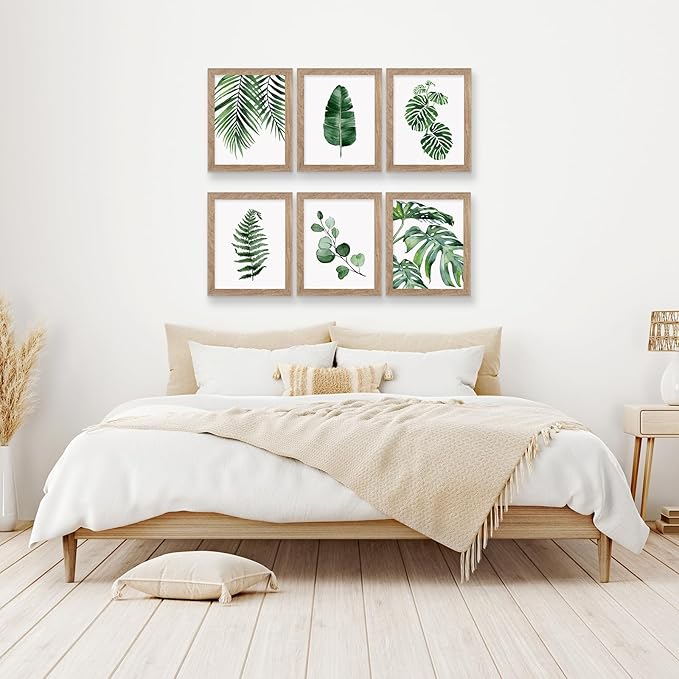 Framed Botanical Wall Art Prints Set of 6 - Tropical Leaves Canvas With Frame, Plant Leaf Boho Pictures, Green Art Posters for Bedroom (Leaf Wall Art, 8"x10" Framed)