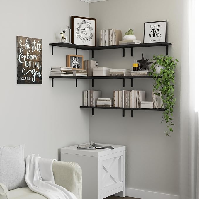 Floating Shelves, 8 Sets Wall Shelves, Wooden Floating Shelves for Bedroom Wall Décor, Wall Mounted Floating Bathroom Shelf for Storage, Floating Book Shelf Living Room – Black