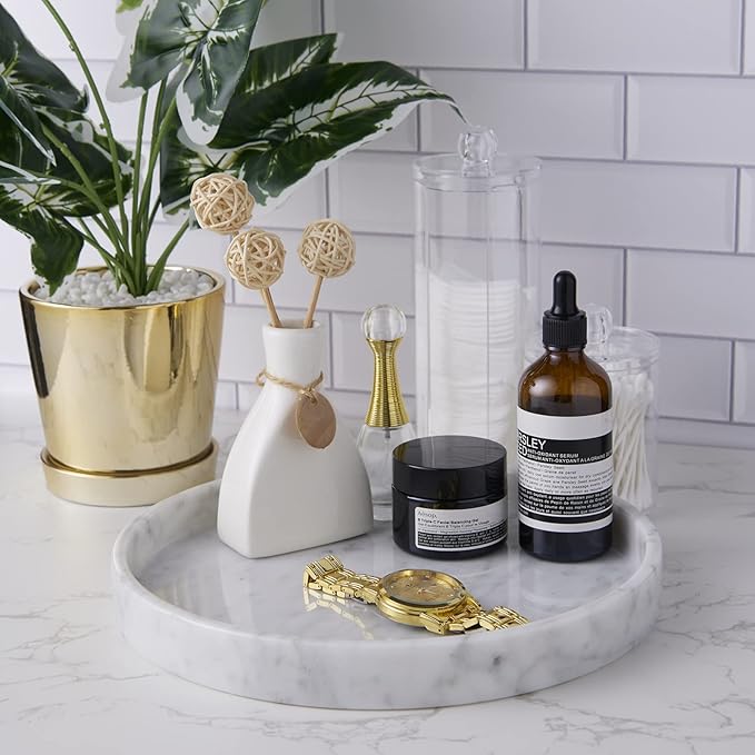 ๐๐ฎ๐ฑ๐ฎ๐ซ๐ฒ ๐๐ญ๐๐ฅ๐ข๐๐ง 100% Marble Round Vanity Tray 10โโ, Minimalist Modern Decor & Serving Trays for Bathroom, Kitchen, Nightstand, Jewelry Ring Dish Holder, Table Accents Decor, White