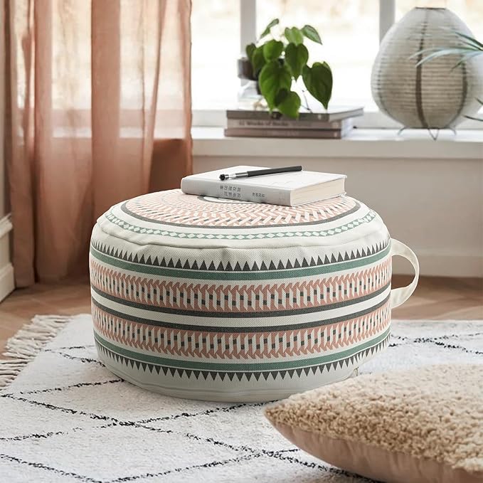 MOCOFO Round Geometric Pattern Pouf Cover with Zipper 18"x18"x8" Storage Canvas Ottoman Seat Footrest for Living Room Bedroom Kids Room Pastel Home Decor
