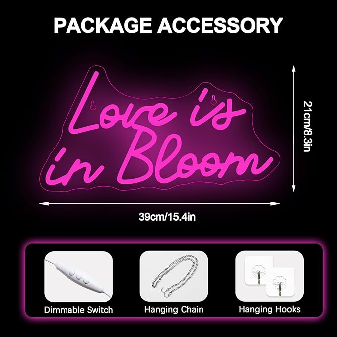 NOSUN Love is in Bloom Neon Sign for Wall Decor Dimmable Led Lights Signs Letters Signs for Bridal Shower Pink Neon Light Room Decor for Wedding Engagement Birthday Party Gift