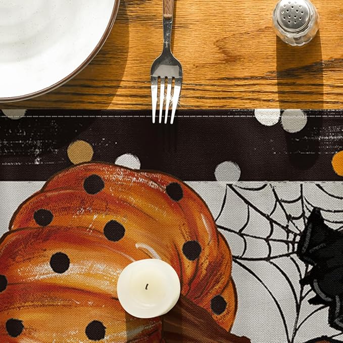 Artoid Mode Jack-O'-Lantern Pumpkin Ghost Spider Web Halloween Table Runner,Holiday Kitchen Dining Table Decoration for Home Party Decor 13 x 36 Inch