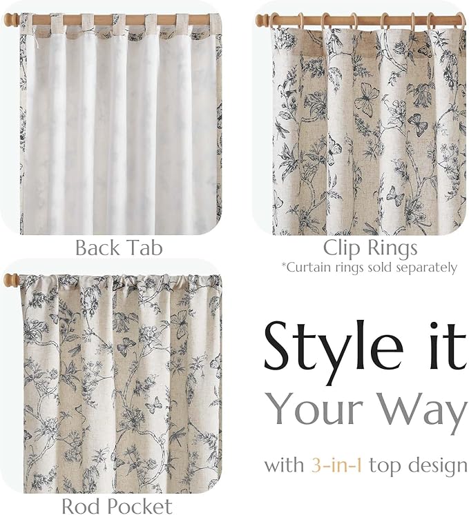 jinchan Floral Curtains Lined Linen Blend Curtain for Living Room 96 Inch Length Black Farmhouse Flower Patterned Curtain French Country Curtains Drapes Back Tab Rod Pocket 2 Panels