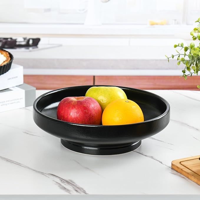 Ceramic Fruit Bowl for Kitchen Counter, 10.2" Large Modern Pedestal Bowl for Table Countertop, Footed Decorative Bowl for Home Decor (Black)