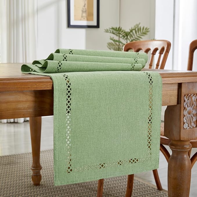 Burlap Style Farmhouse Table Runner, 13 x 60 Inch Avocado Green, Rustic Geometric Hollow Table Runners 60 Inches Long for Dresser Table Everyday Use, 13x60 Inches, Avocado Green