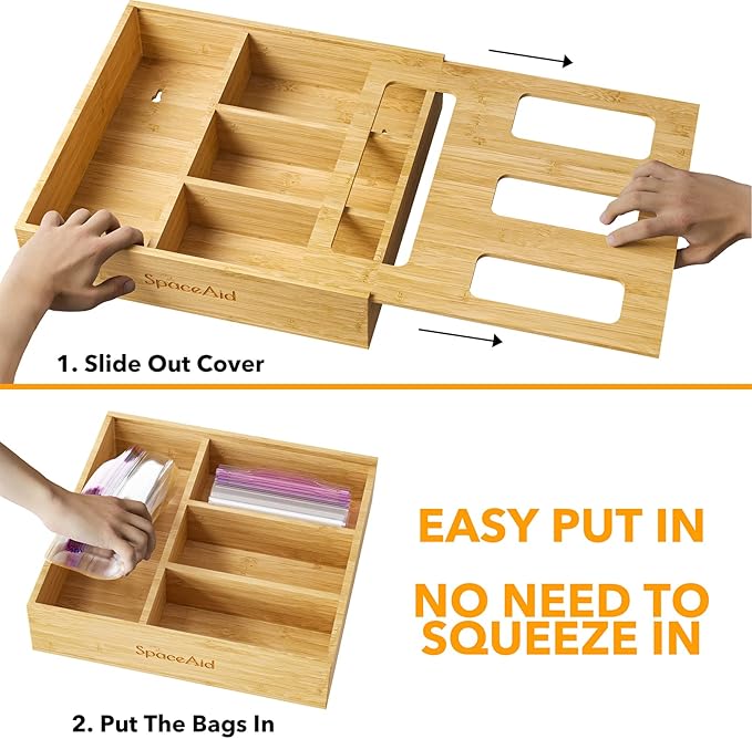 SpaceAid Bag Storage Organizer for Kitchen Drawer, Bamboo Organizer, Compatible with Gallon, Quart, Sandwich and Snack Variety Size Bag (1 Box 4 Slots), 2.5" High
