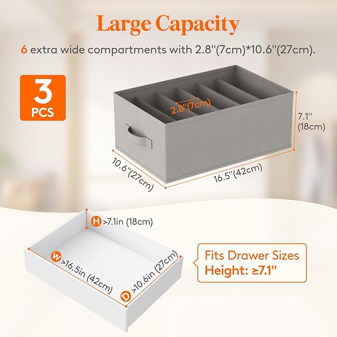 Lifewit Wardrobe Clothes Organizer 3 Pack, Large Size 6 Grids Closet Jean Storage Bins with Handles and Support Boards, Foldable Drawer Dividers for Sweater, Pants, T-shirt, Hoodie, Dress, Grey