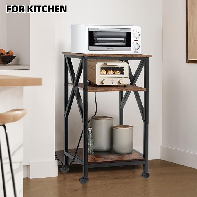 TooCust 3 Tier End Table with Charging Station, 16" W x 12" D x 28" H, Metal and Brown Bedside Table with USB Ports and Outlets, X-Shaped Side Table with Wheels for Living Room, Bedroom, Kitchen