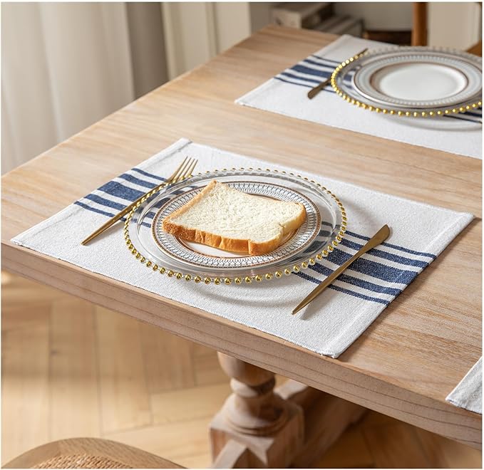 Placemats Set of 4 for Dining Table, Woven Cloth Place Mats for Kitchen Tabletop Décor, Handcrafted Machine Washable Cotton Table mats 13 x 19 Inch, Navy Blue and Beige