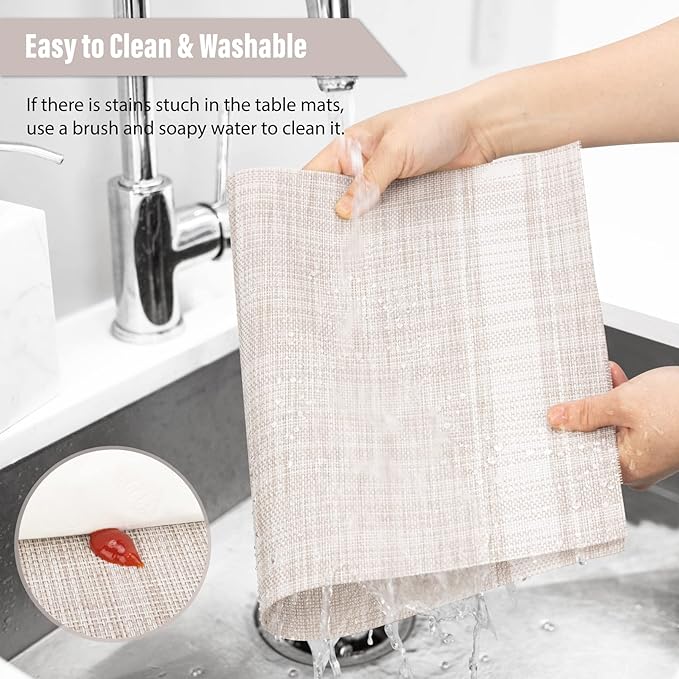 Winknowl Placemats, Set of 8 Heat Resistant Stain Resistant Non-Slip Woven Vinyl Insulation Placemats, Washable Durable Elegant Table Mats for Dining (Beige White)