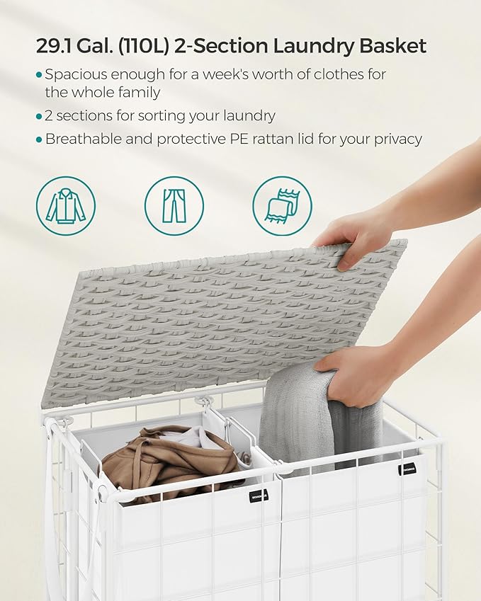 SONGMICS Laundry Hamper, 110L Laundry Basket with Lid, Clothes Hamper with Wheels, Collapsible Removable Liner Bag, Iron-Made Laundry Sorter, Cloud White ULCB211W01