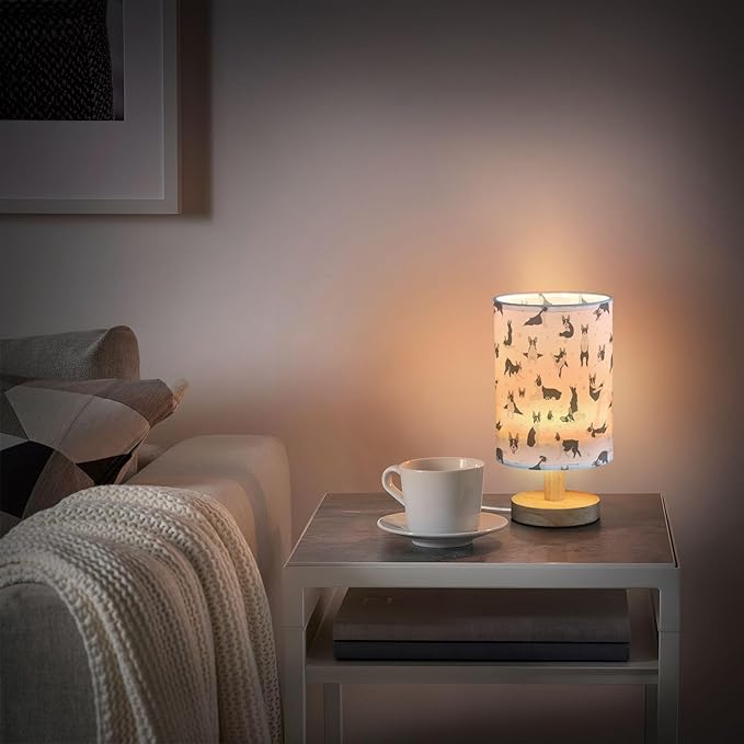 Table Lamp Boston Terrier Dog Do Yoga Pattern Nightstand Lamp with Wood Base Fabric Lamp Shade Bedside Desk Lamp for Living Room Bedroom Kids Room Office