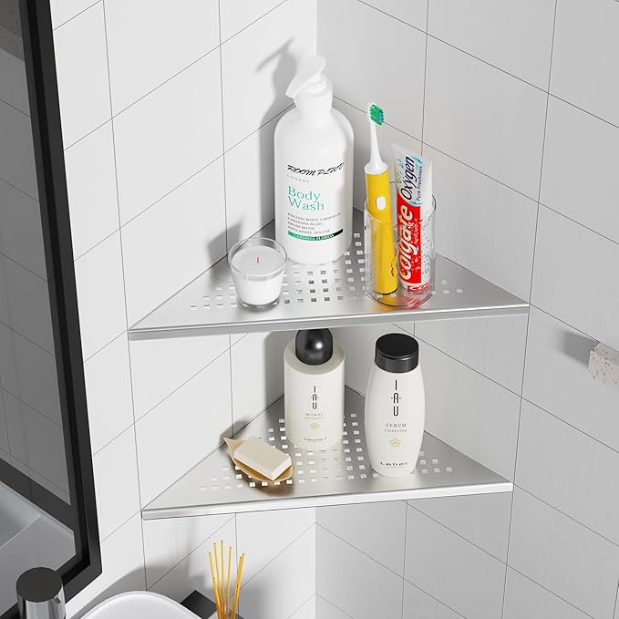 Neodrain 10 Inch Brushed Shower Shelves Corner Shelf for Tile Wall,304 Stainless Steel Corner Shower Shelves for Bathroom, Floating Corner Shelves for Shower Wall, No Drilling(Set of 2