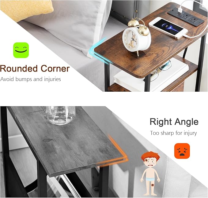 Narrow End Tables Living Room Set of 2 with Charging Station, Skinny Side Table with Fabric Drawers, Slim Nightstand for Bedroom, Small Spaces, Couch, Rustic Brown, HETNDP03PBR
