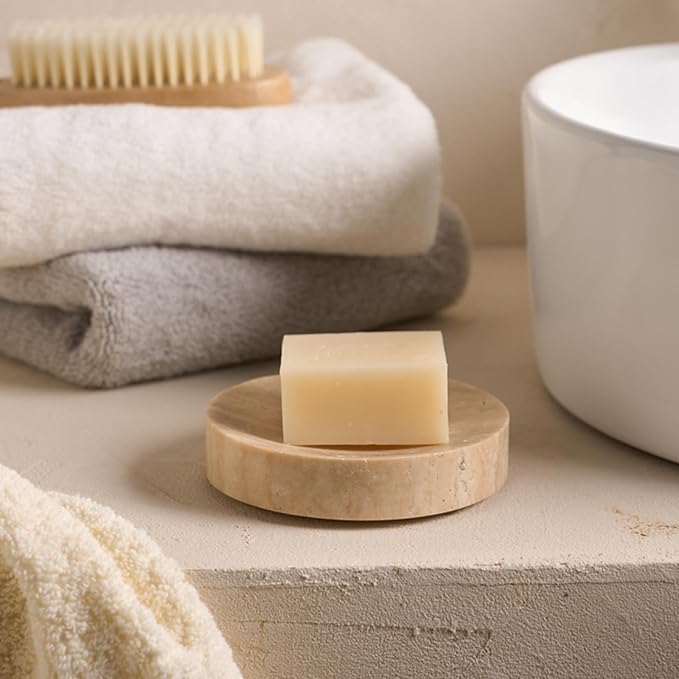 Natural Travertine Soap Holder, Round Marble Soap Dish for Shower, Bathroom Ceramic Soap Bar Holder, Decorative Rustic Soap Dishes, Farmhouse Kitchen Sink Sponge Tray with Non Slip Bottom