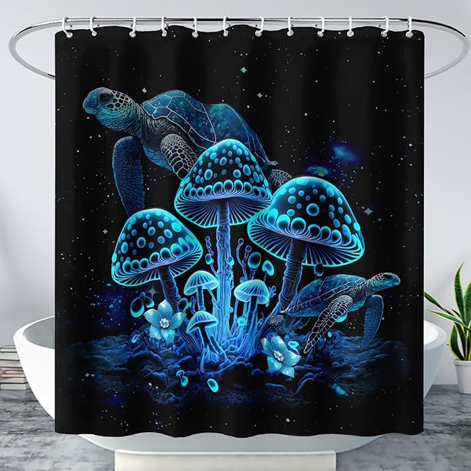 AILONEN Blue Magic Mushroom Shower Curtain,Cartoon Turtle Pattern Shower Curtain Set for Kids Girls Boys,Boho Style Bathroom Decor Shower Curtain with 12 Hooks,72" W*72" H