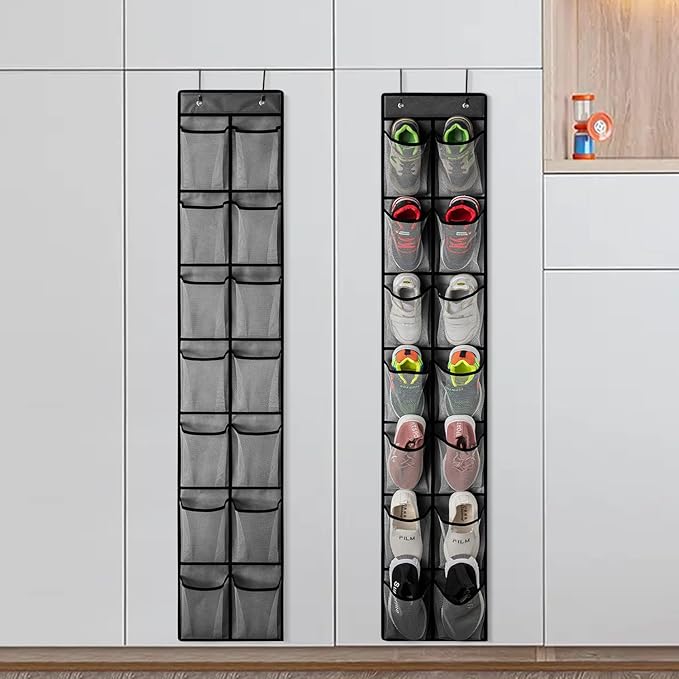KEEPJOY Over the Door Shoe Organizer, Hanging Shoe Organizer with 4 Hooks,Door Shoe Holder with 14 Mesh Deep Pockets Closet Door Shoe Storage Bag (Grey-2Pack)