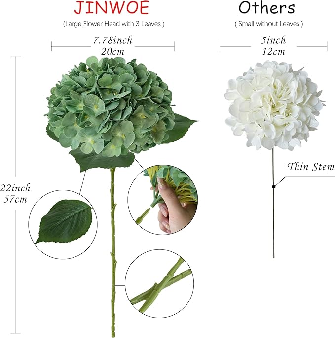 Dark Forest Green Silk Hydrangea Artificial Flowers, 4Pcs 22Inch Full Fake Artificial Hydrangeas with Stems for Bouquet Table Centerpieces Home Decoration Porch Outdoor