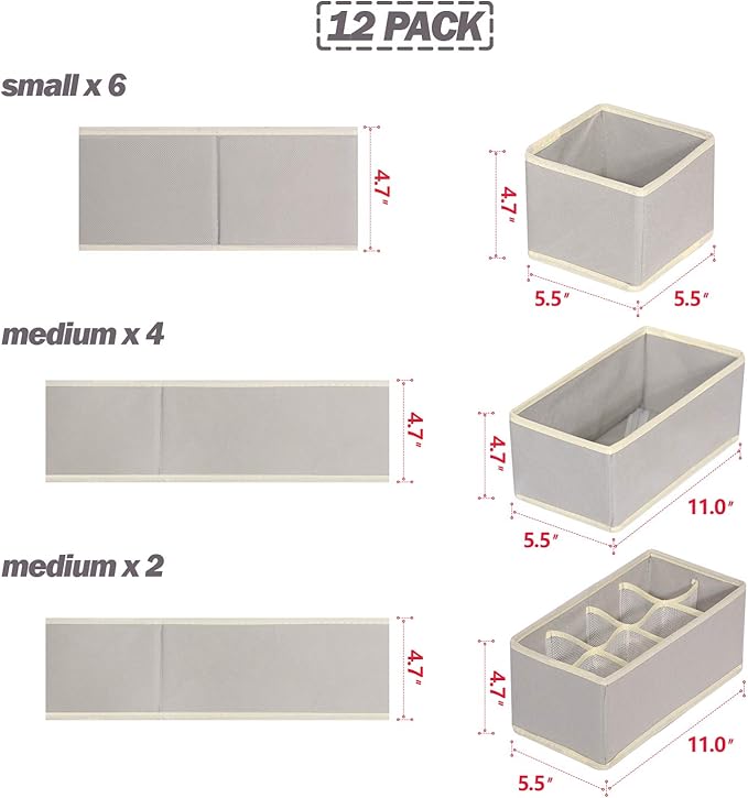 Set of 12 Foldable Drawer Organizer Dividers Cloth Storage Box Closet Dresser Organizer Cube Fabric Containers Basket Bins for Underwear Bras Socks Panties Lingeries Nursery Baby Clothes Grey NN246