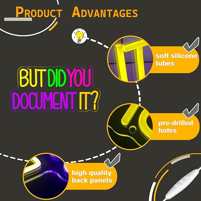But Did You Document It Neon Signs for Wall Decor, Dimmable Neon Led Sign Funny Office Wall Decor USB Powered for Living Room Decor Humor Quotes Coworker Christmas Gifts(15.7 * 7.8in)