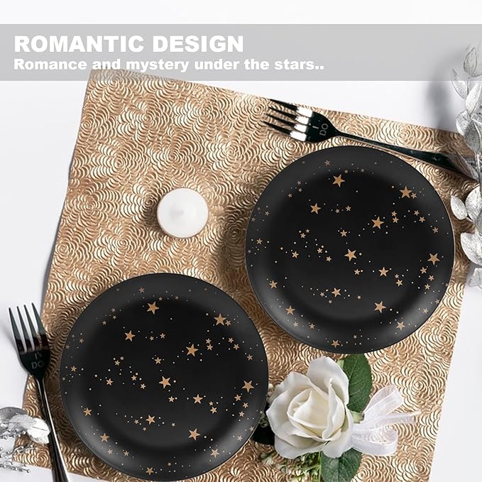 Black Melamine Dinnerware Sets - 12pcs Plates and Bowls Sets, Unbreakable Camping Dishes Set for 4, Indoor and Outdoor Use Non-breakable Dinner Set - Star