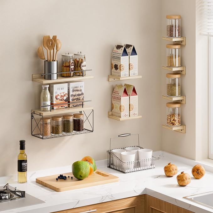 Floating Shelves for Wall Set of 8, Wall Shelves for Decoration and Storage, Bathroom Shelves with Wire Storage Tier, Wood Shelves for Bathroom, Living Room, Bedroom, Kitchen, Decor, 3 Size