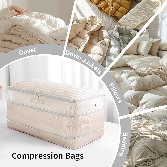 Comforter Storage Bag - Large Capacity Bedding Storage Bags Ultra Space Saving Self Compression Organizer, Washable Compression Bags for Storage Comforter Blanket Duvet Pillow, 2-Pack, Beige