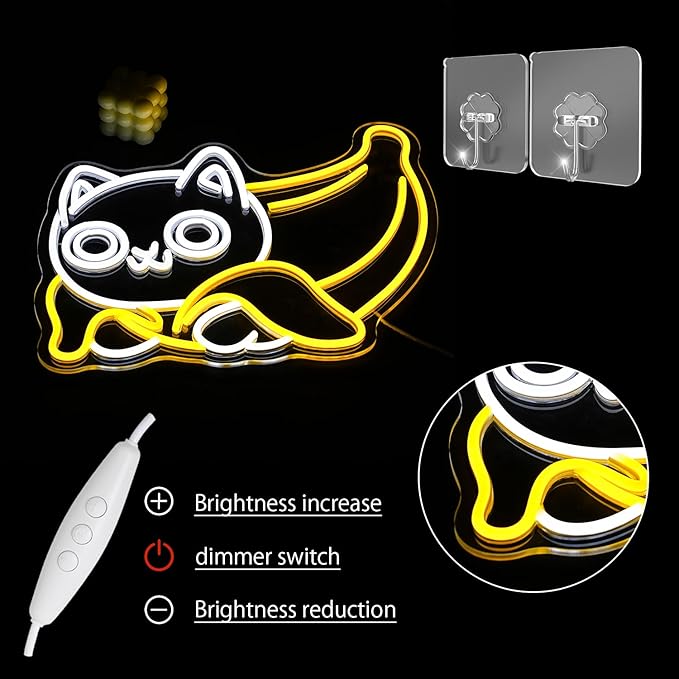 Cat Neon Sign for Wall Decor Banana Neon Light USB Powered LED Neon Sign Yellow LED Neon Light for Bedroom Zoo Pet Shop Cat House Decoration(16.9"*12.6")