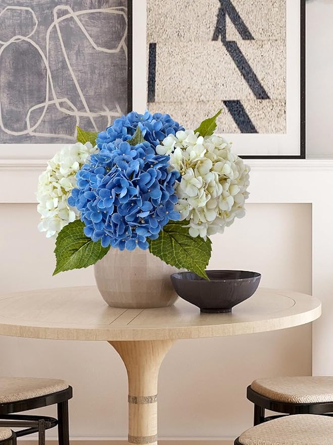 4 Pcs 20'' Real Touch Hydrangea Artificial Flowers Boho Lifelike Real Looking Latex Hydrangeas Flower with Long Stem for Baby Shower Indoor Home Decor Spring Table Centrepiece 2 Blue 2 White