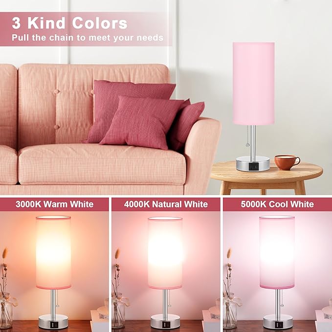 Hong-in Pink Bedside Lamp for Bedroom-Nightstand Lamps with 3 Color Modes with USB-C+A Charging Ports, 3000/4000/5000k Bedroom Lights by Pull Chain