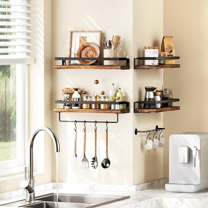 Amada HOMEFURNISHING Floating Shelves Wall Mounted, Wall Shelves for Bathroom, Kitchen, Bedroom, Storage Shelf with Towel Bar, Set of 2, Rustic Brown