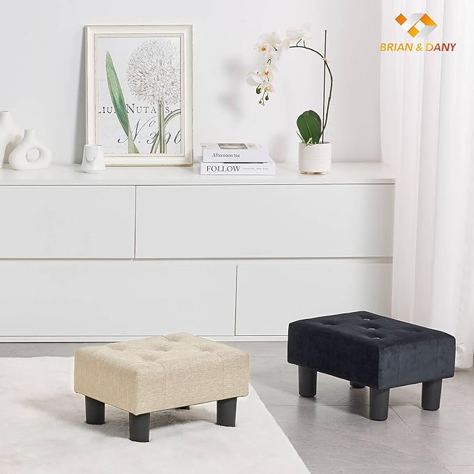 BRIAN & DANY Small Foot Stool, Linen Foot Stools with Legs, Stable Small Footstool for Living Room, Beige