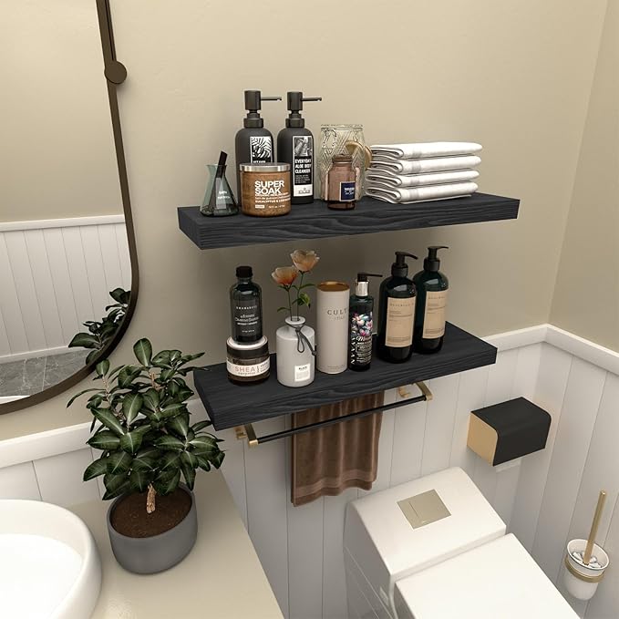 Floating Shelves for Wall- 17 Inch Natural Wood Black Shelves for Bathroom, Bedroom, Kitchen Decor, Farmhouse Decor Set of 2