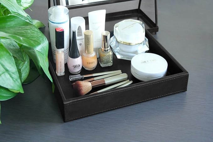 HofferRuffer PU Leather Catchall Tray, Jewelry Tray, Desktop Storage Organizer, Valet Tray, Leather Tray for Nightstand or Dreeser Organizer, Black, 10.2 x 8.4 x 1.8 inches