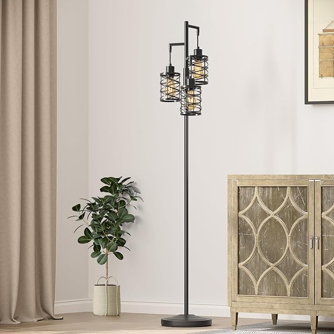 Oneach 68" Industrial Standing Floor Lamp, Stepless Dim Light with 3 Bulbs, Farmhouse & Corner Design, Tall Lamp for Home and Office, Black