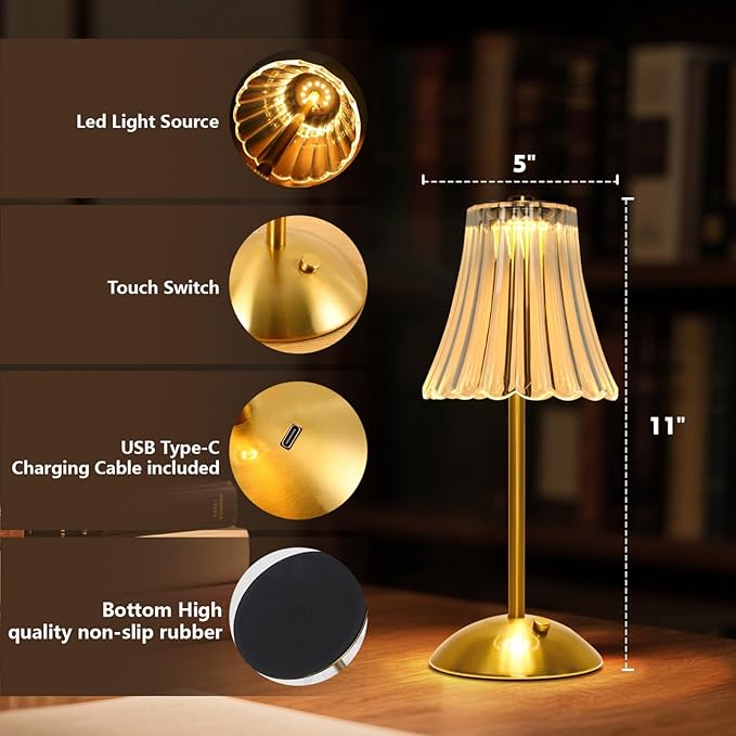 Cordless LED Touch Lamp with Crystal Acrylic Shade, USB Rechargeable, 3-Color Temperature, Dimmable Table Light, Portable Modern Industrial Style Lighting for Bedroom, Office, Patio & Gift Use
