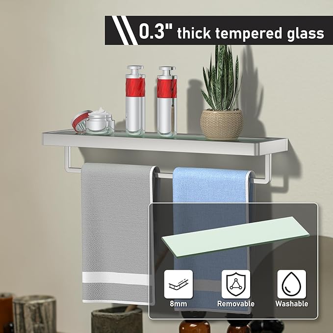 Glass Shelves/Shelf Wall Mount 20-in with Towel Bar/Rack Floating Shelves for Bathroom Tempered Glass Rectangular 1 Tier Organizer Wall Shelf (Brushed Nickel, 20'')